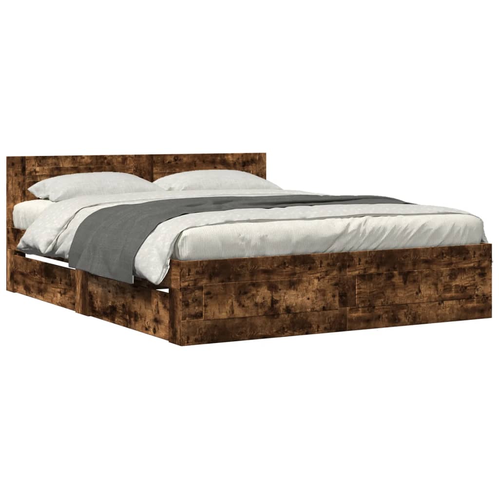 Bed Frame with Headboard without Mattress Smoked Oak 150x200 cm King Size