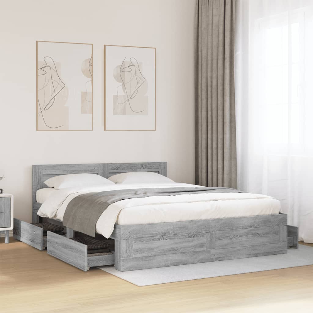 Bed Frame with Headboard without Mattress Grey Sonoma 150x200 cm King Size