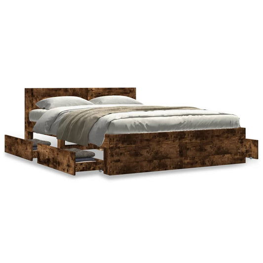 Bed Frame with Headboard without Mattress Smoked Oak 140x200 cm