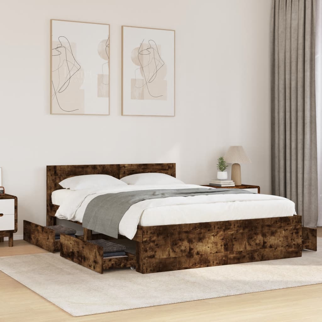 Bed Frame with Headboard without Mattress Smoked Oak 120x200 cm