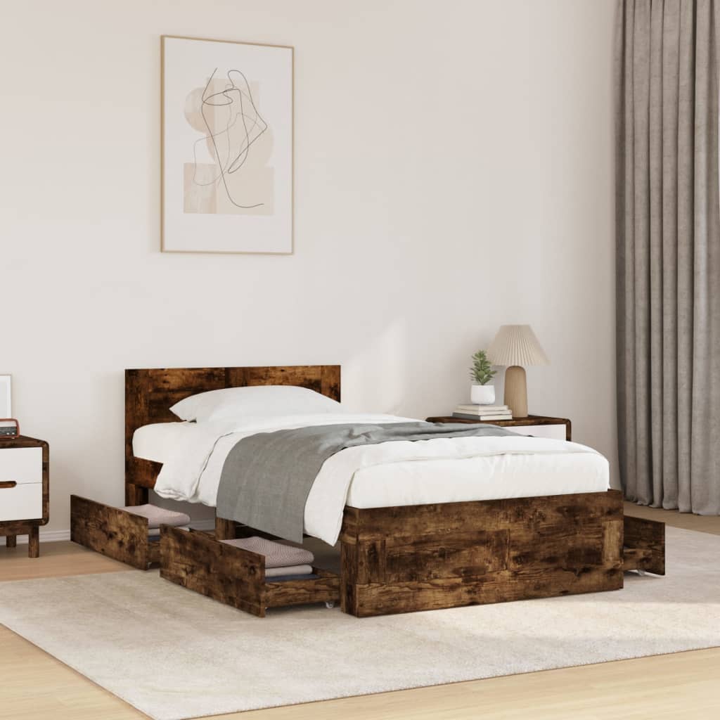 Bed Frame with Headboard Smoked Oak 90x190 cm Single Engineered Wood