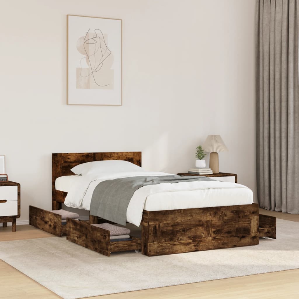 Bed Frame with Headboard without Mattress Smoked Oak 75x190 cm Small Single