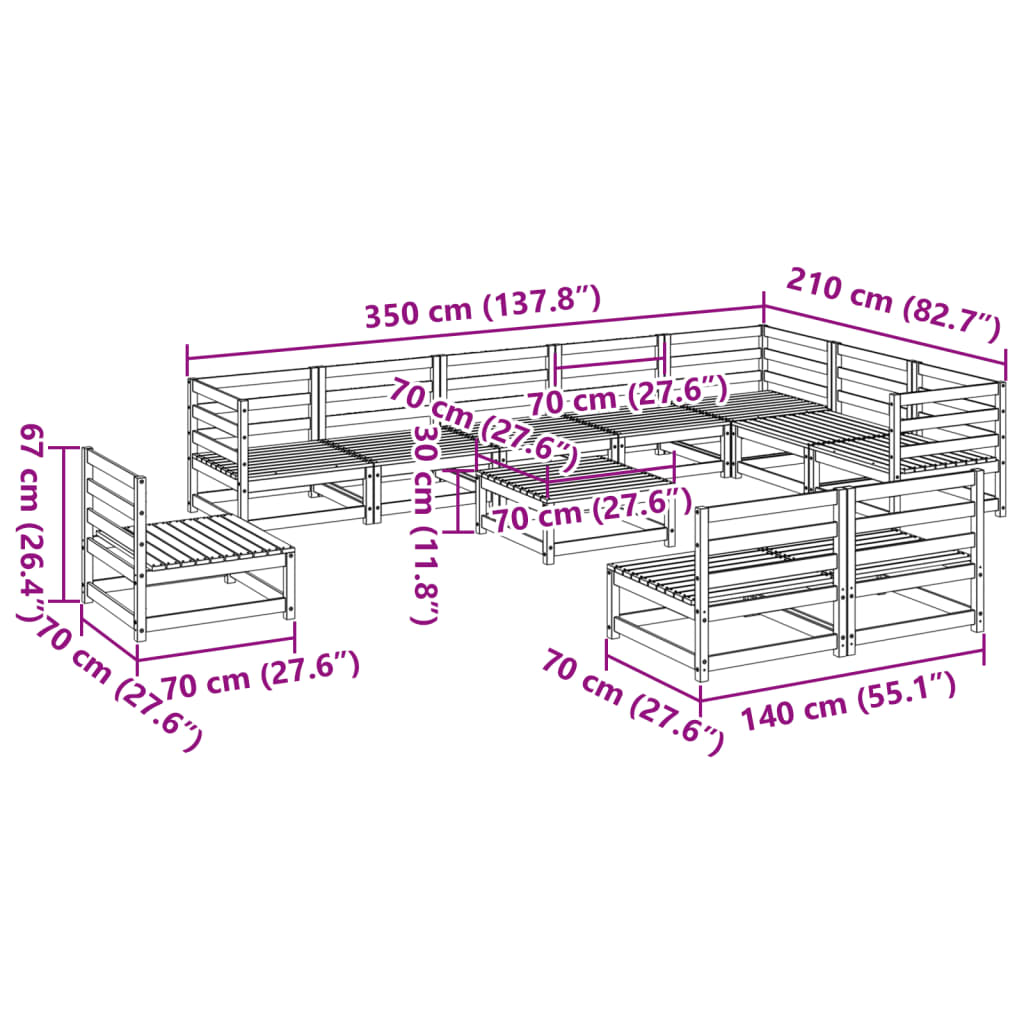 11 Piece Garden Sofa Set Solid Wood Pine