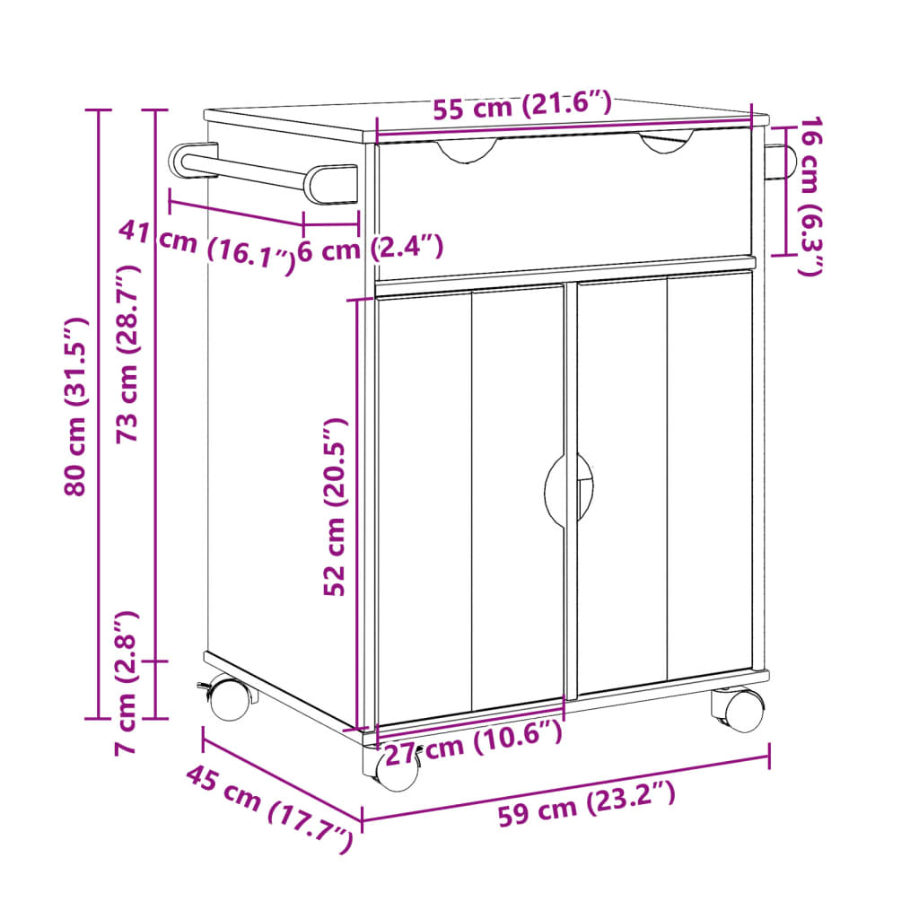 Kitchen Trolley OTTA 71x45x80 cm Solid Wood Pine