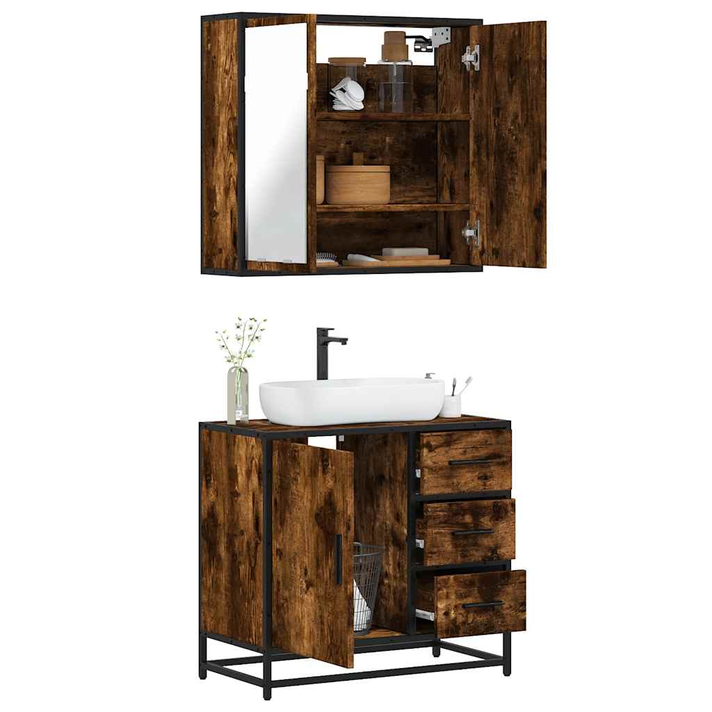 2 Piece Bathroom Furniture Set Smoked Oak Engineered Wood