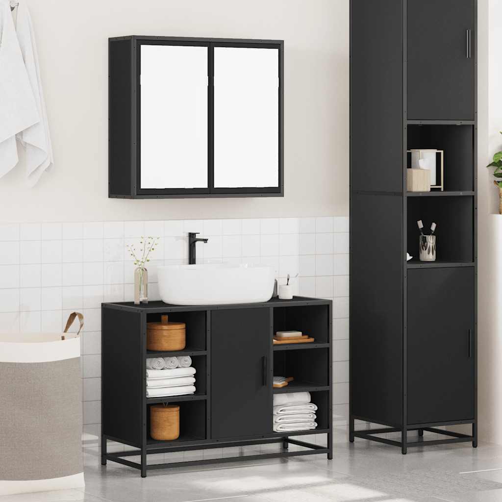 2 Piece Bathroom Furniture Set Black Engineered Wood