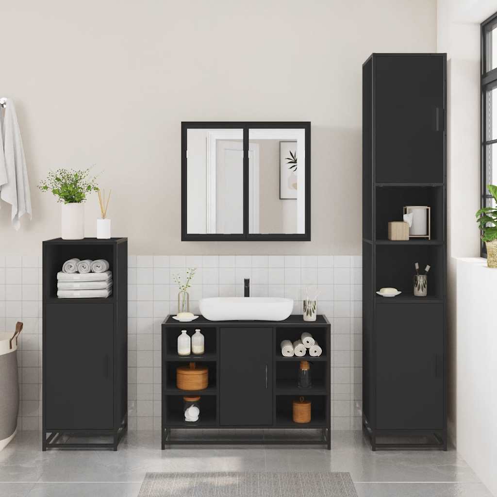 2 Piece Bathroom Furniture Set Black Engineered Wood