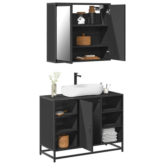 2 Piece Bathroom Furniture Set Black Engineered Wood