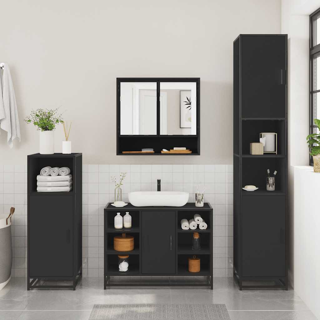 2 Piece Bathroom Furniture Set Black Engineered Wood