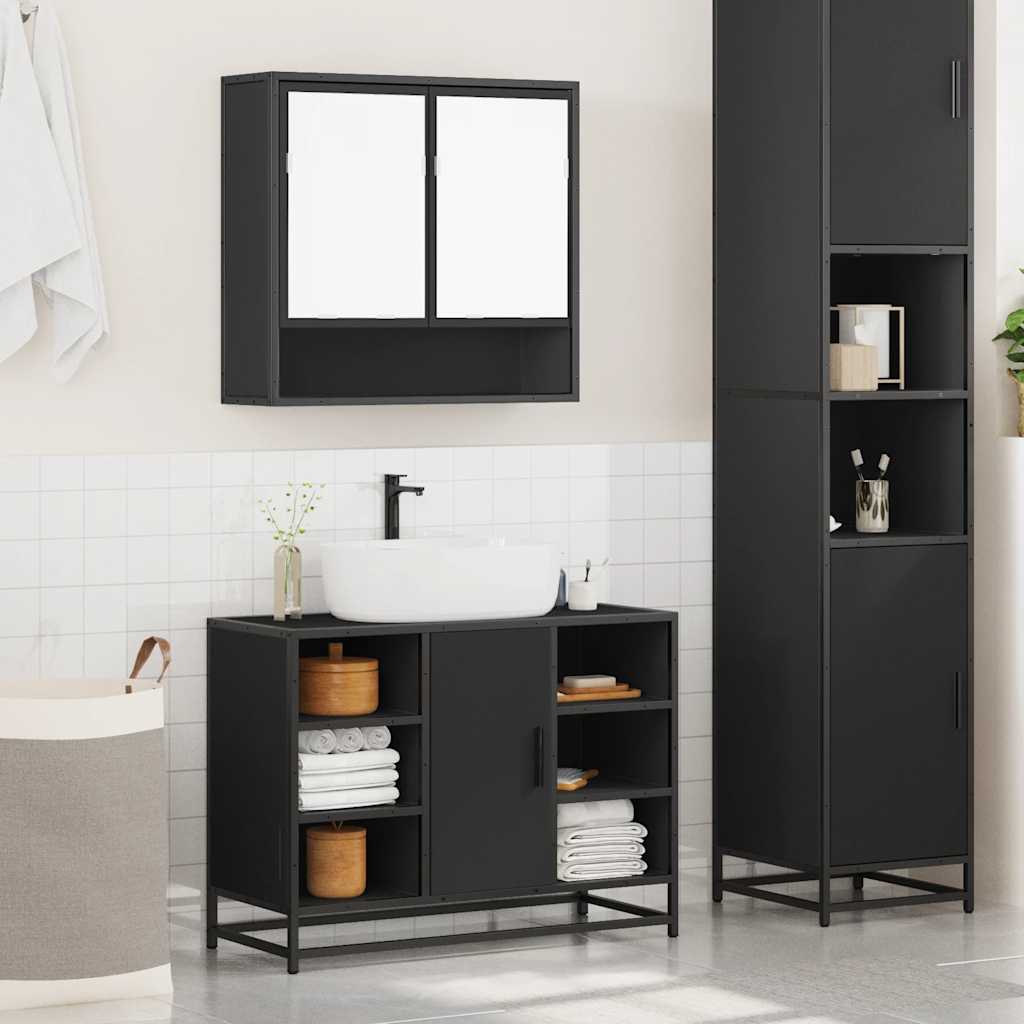 2 Piece Bathroom Furniture Set Black Engineered Wood