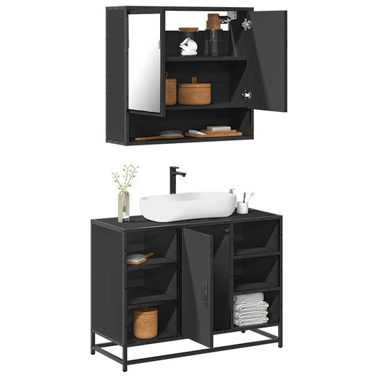 2 Piece Bathroom Furniture Set Black Engineered Wood