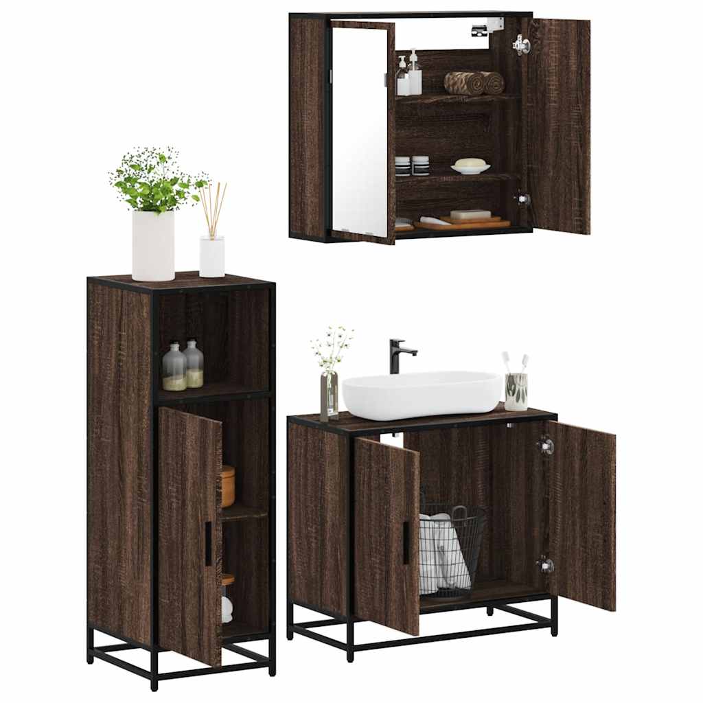 3 Piece Bathroom Furniture Set Brown Oak Engineered Wood