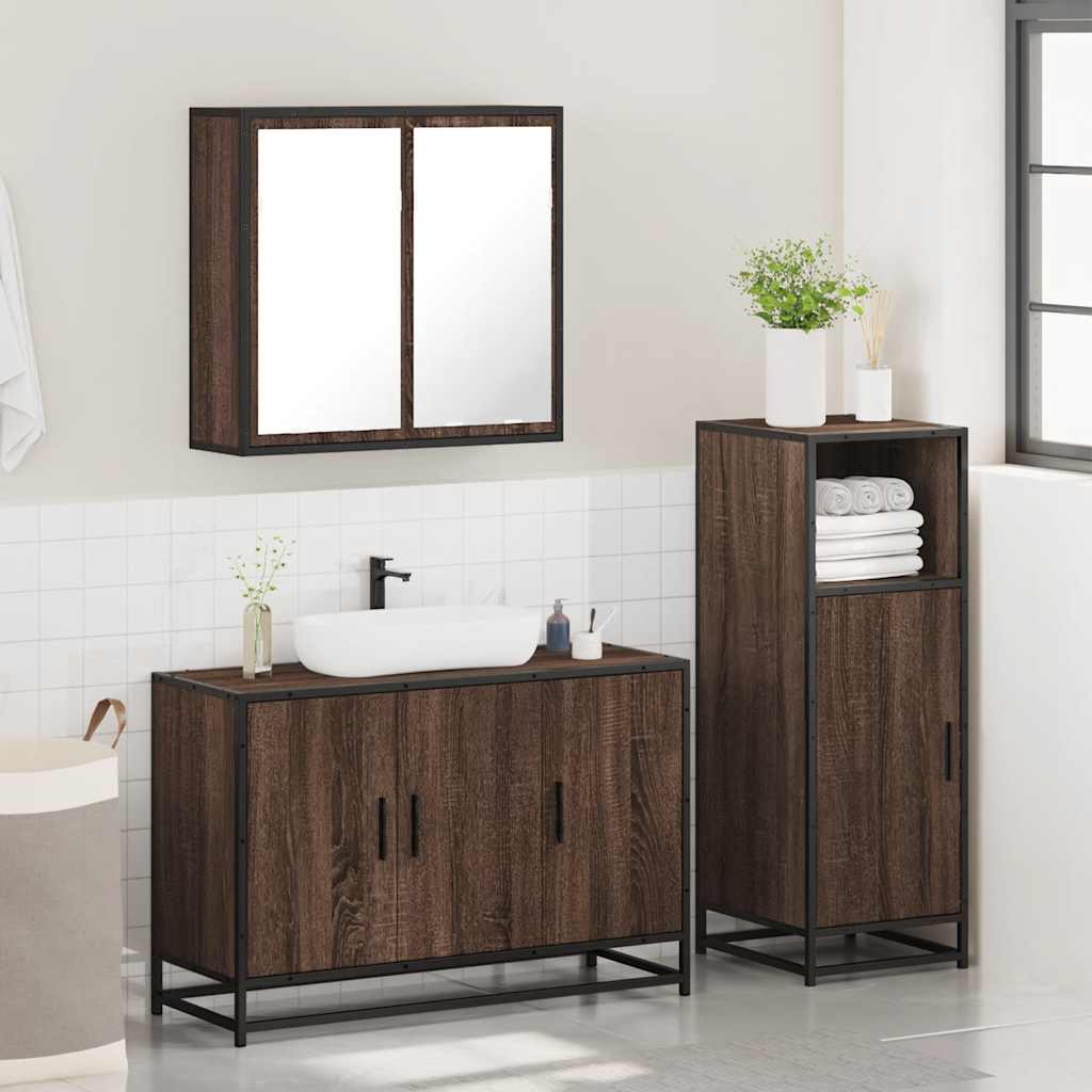 3 Piece Bathroom Furniture Set Brown Oak Engineered Wood