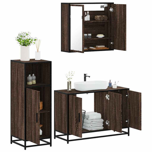 3 Piece Bathroom Furniture Set Brown Oak Engineered Wood