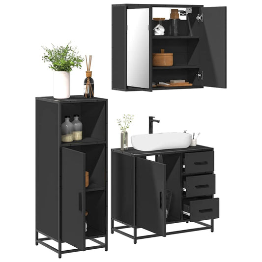 3 Piece Bathroom Furniture Set Black Engineered Wood