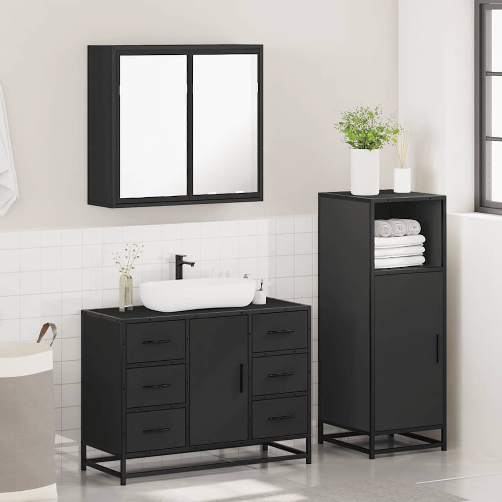 3 Piece Bathroom Furniture Set Black Engineered Wood