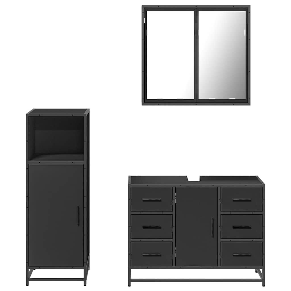 3 Piece Bathroom Furniture Set Black Engineered Wood