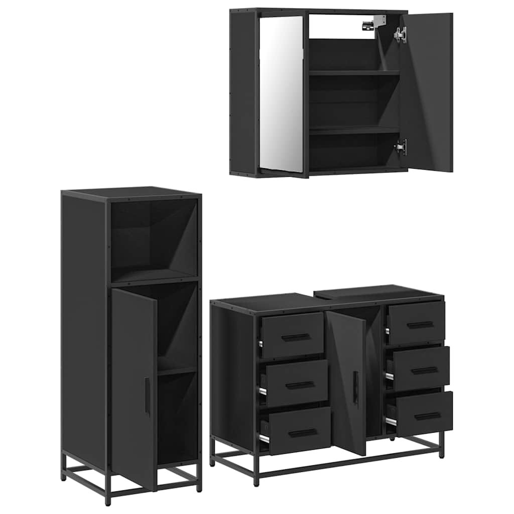 3 Piece Bathroom Furniture Set Black Engineered Wood