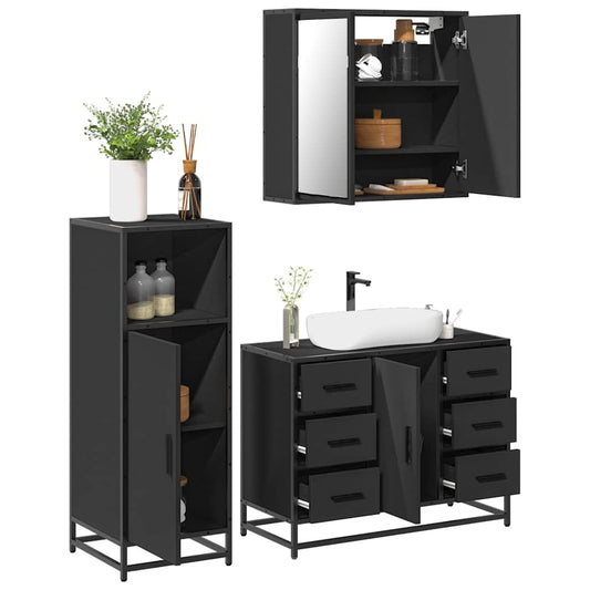 3 Piece Bathroom Furniture Set Black Engineered Wood