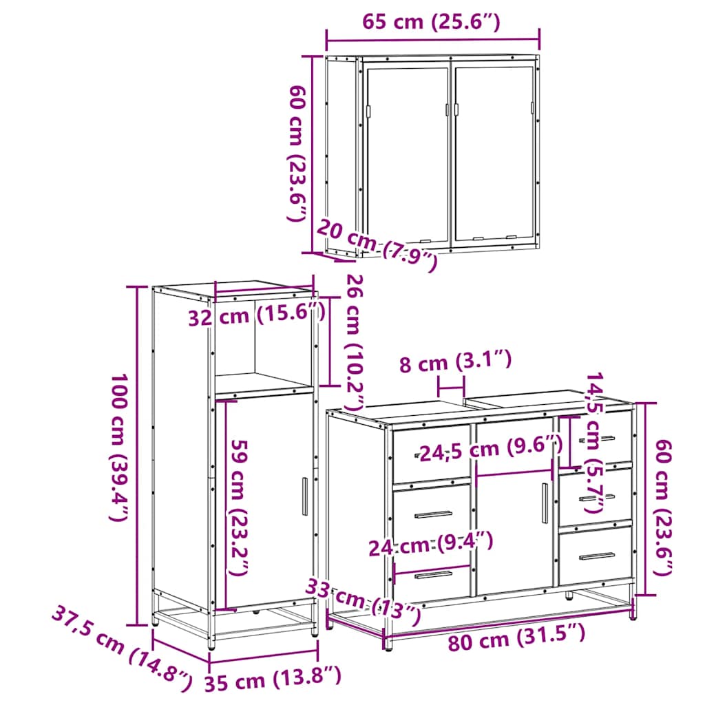 3 Piece Bathroom Furniture Set Smoked Oak Engineered Wood