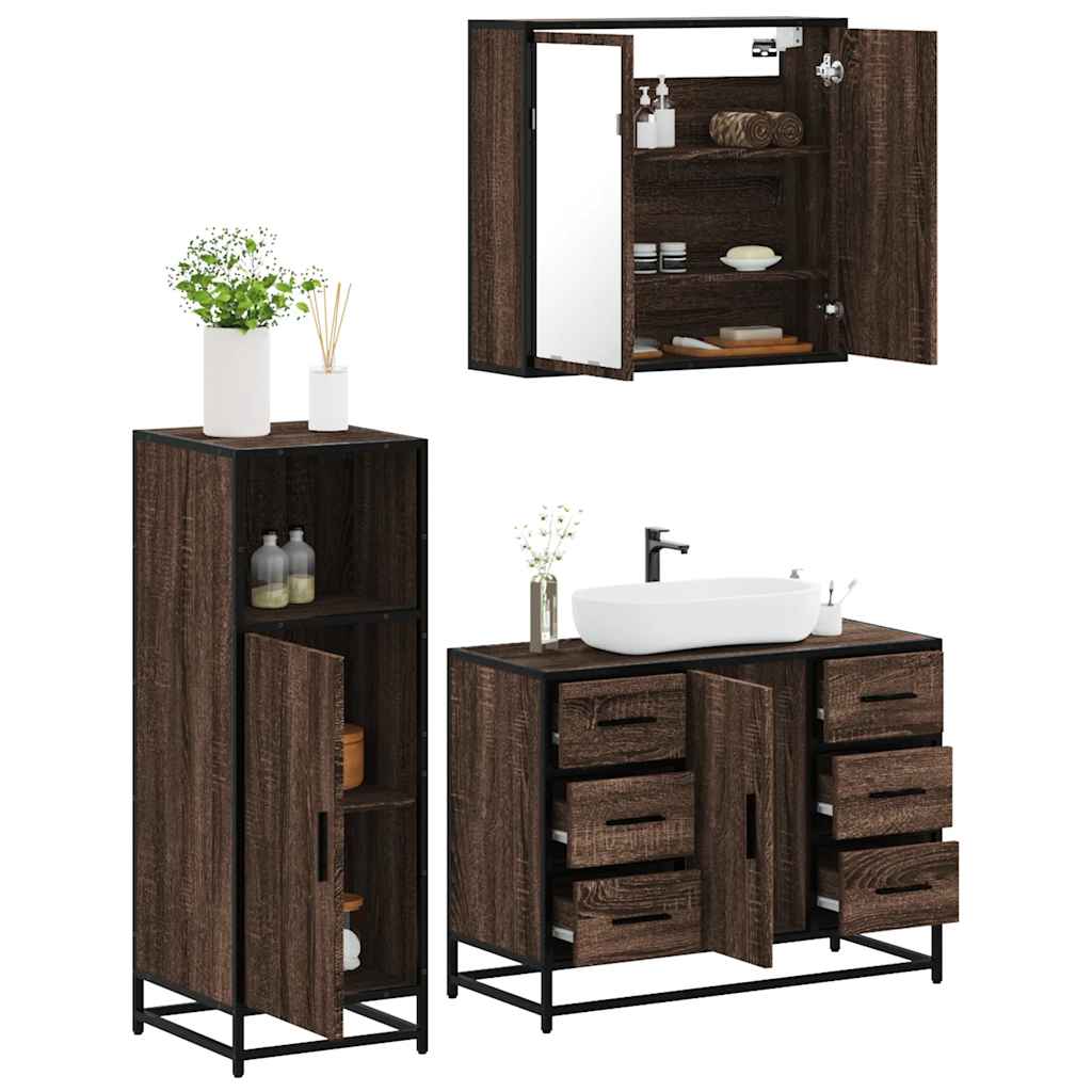 3 Piece Bathroom Furniture Set Brown Oak Engineered Wood