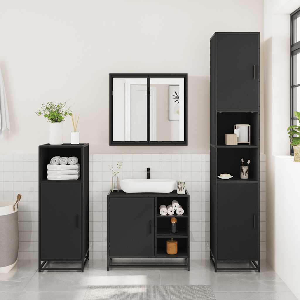 3 Piece Bathroom Furniture Set Black Engineered Wood