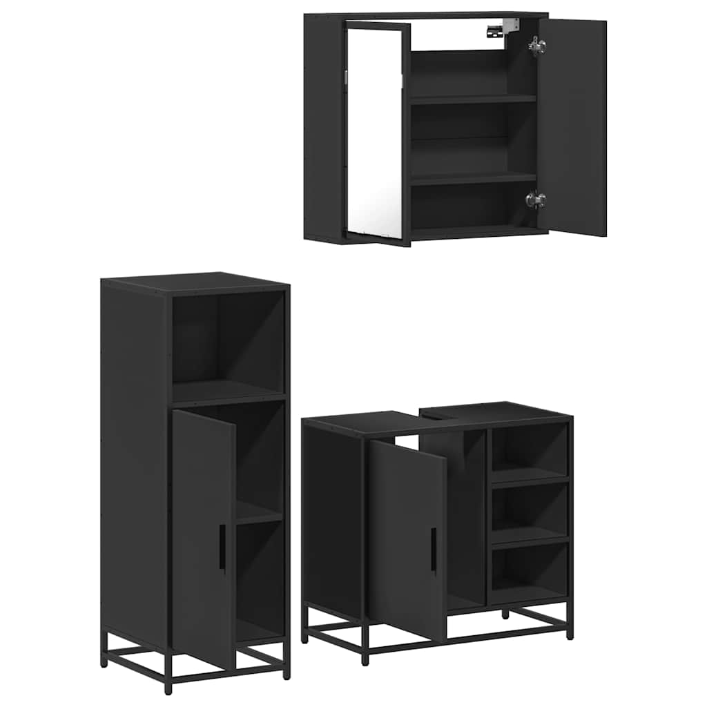 3 Piece Bathroom Furniture Set Black Engineered Wood