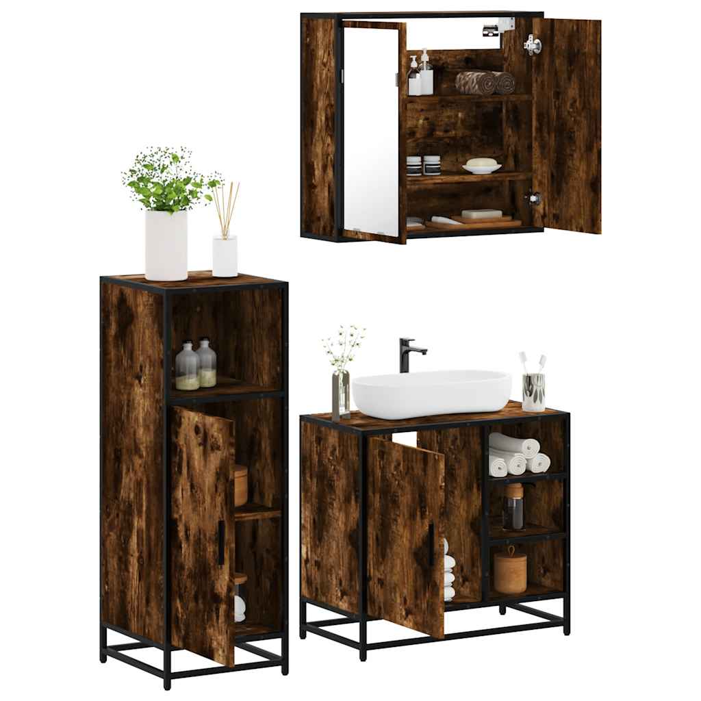 3 Piece Bathroom Furniture Set Smoked Oak Engineered Wood