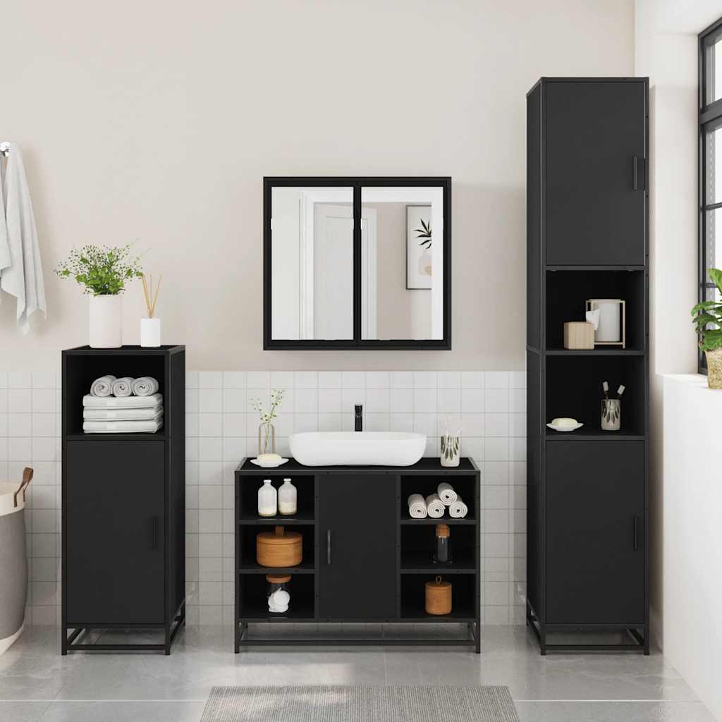 3 Piece Bathroom Furniture Set Black Engineered Wood