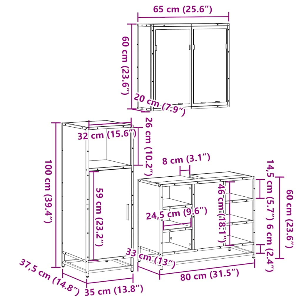 3 Piece Bathroom Furniture Set Smoked Oak Engineered Wood