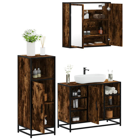 3 Piece Bathroom Furniture Set Smoked Oak Engineered Wood