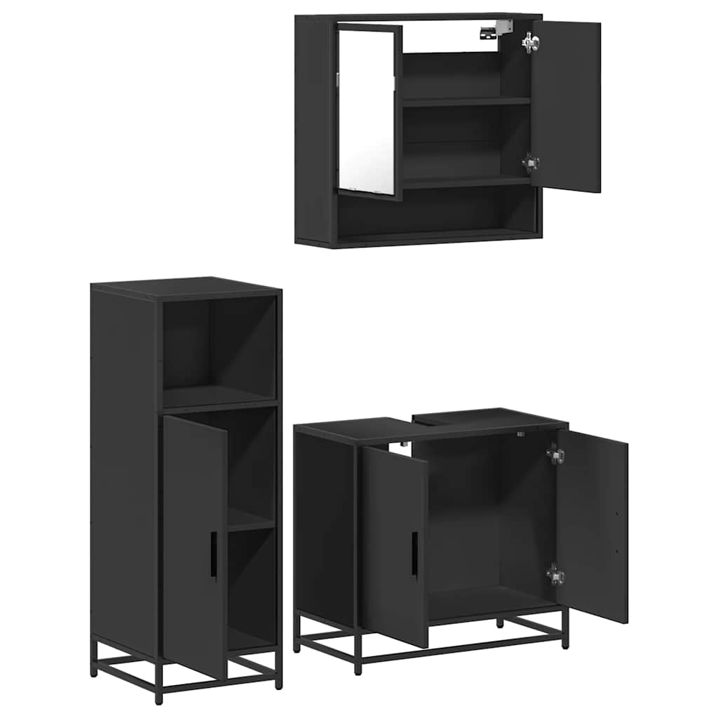 3 Piece Bathroom Furniture Set Black Engineered Wood