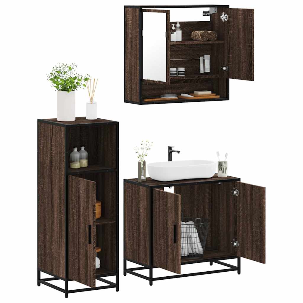 3 Piece Bathroom Furniture Set Brown Oak Engineered Wood