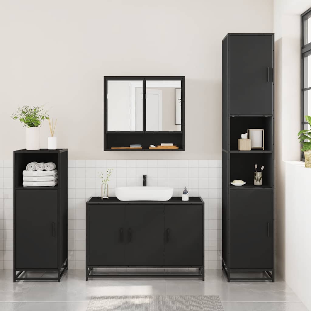 3 Piece Bathroom Furniture Set Black Engineered Wood