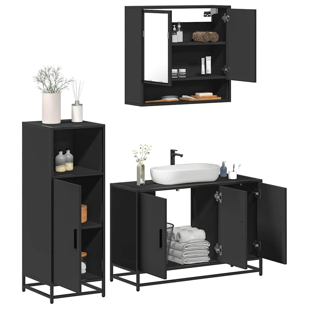 3 Piece Bathroom Furniture Set Black Engineered Wood