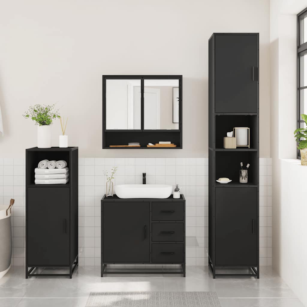 3 Piece Bathroom Furniture Set Black Engineered Wood