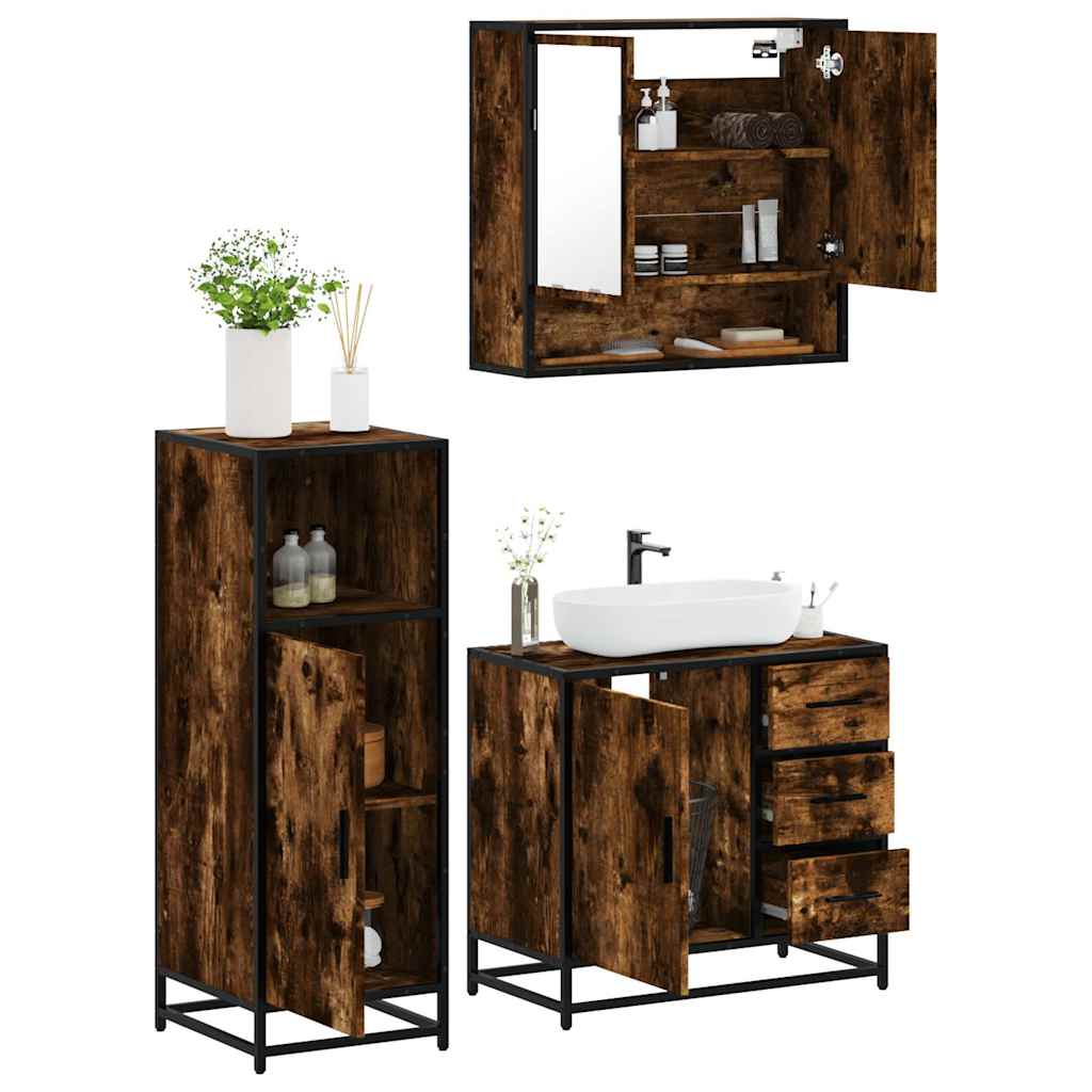 3 Piece Bathroom Furniture Set Smoked Oak Engineered Wood