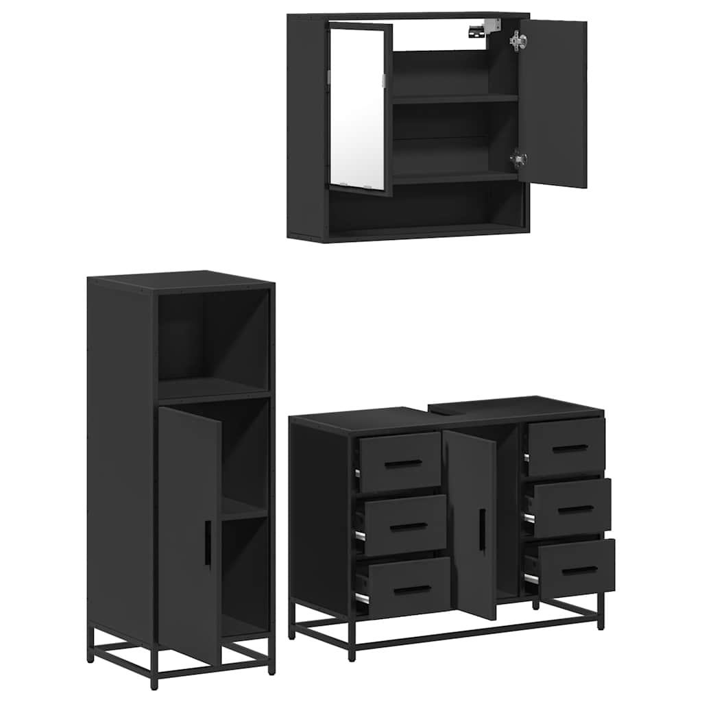 3 Piece Bathroom Furniture Set Black Engineered Wood