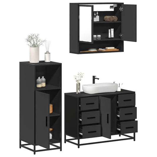 3 Piece Bathroom Furniture Set Black Engineered Wood