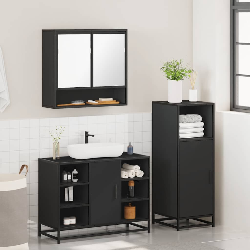 3 Piece Bathroom Furniture Set Black Engineered Wood