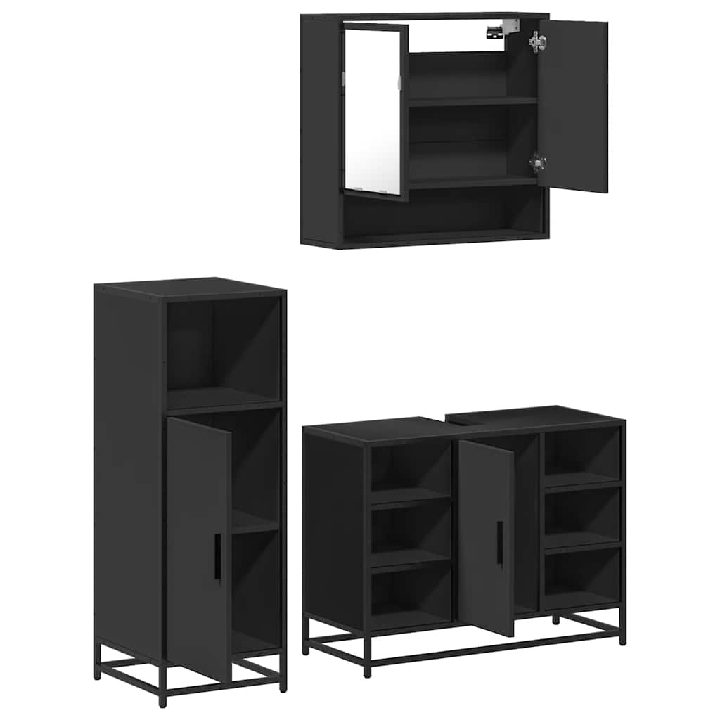 3 Piece Bathroom Furniture Set Black Engineered Wood