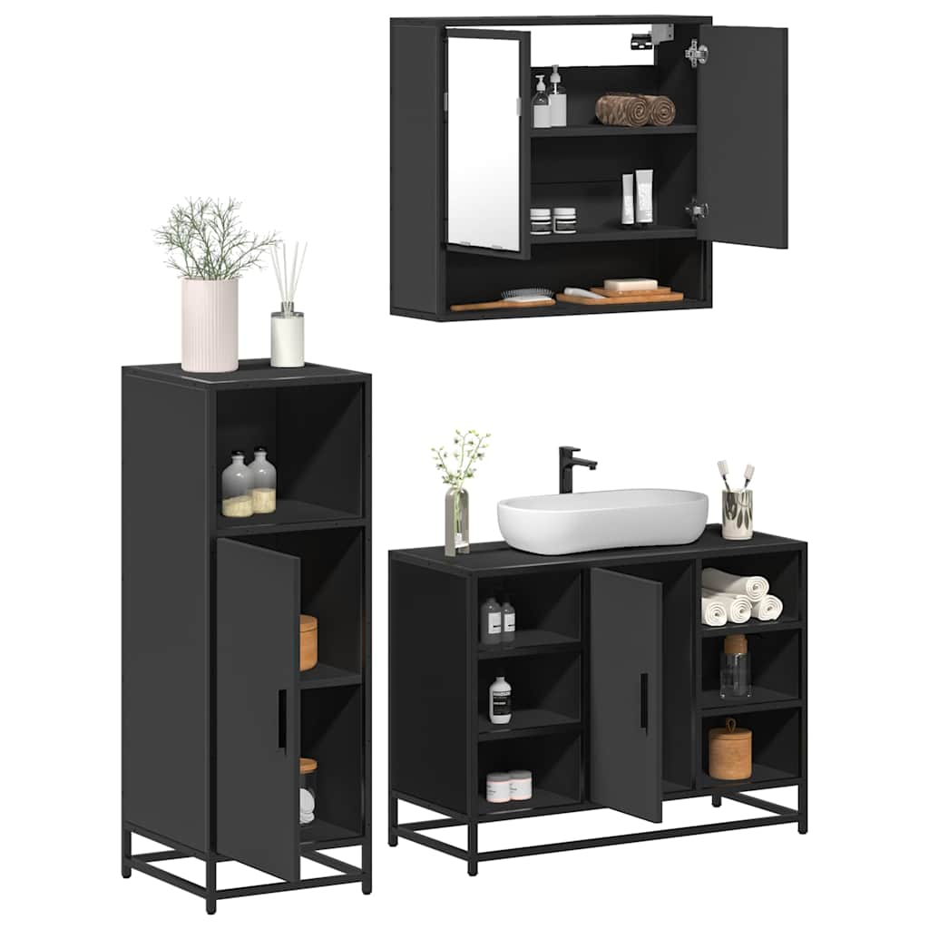 3 Piece Bathroom Furniture Set Black Engineered Wood