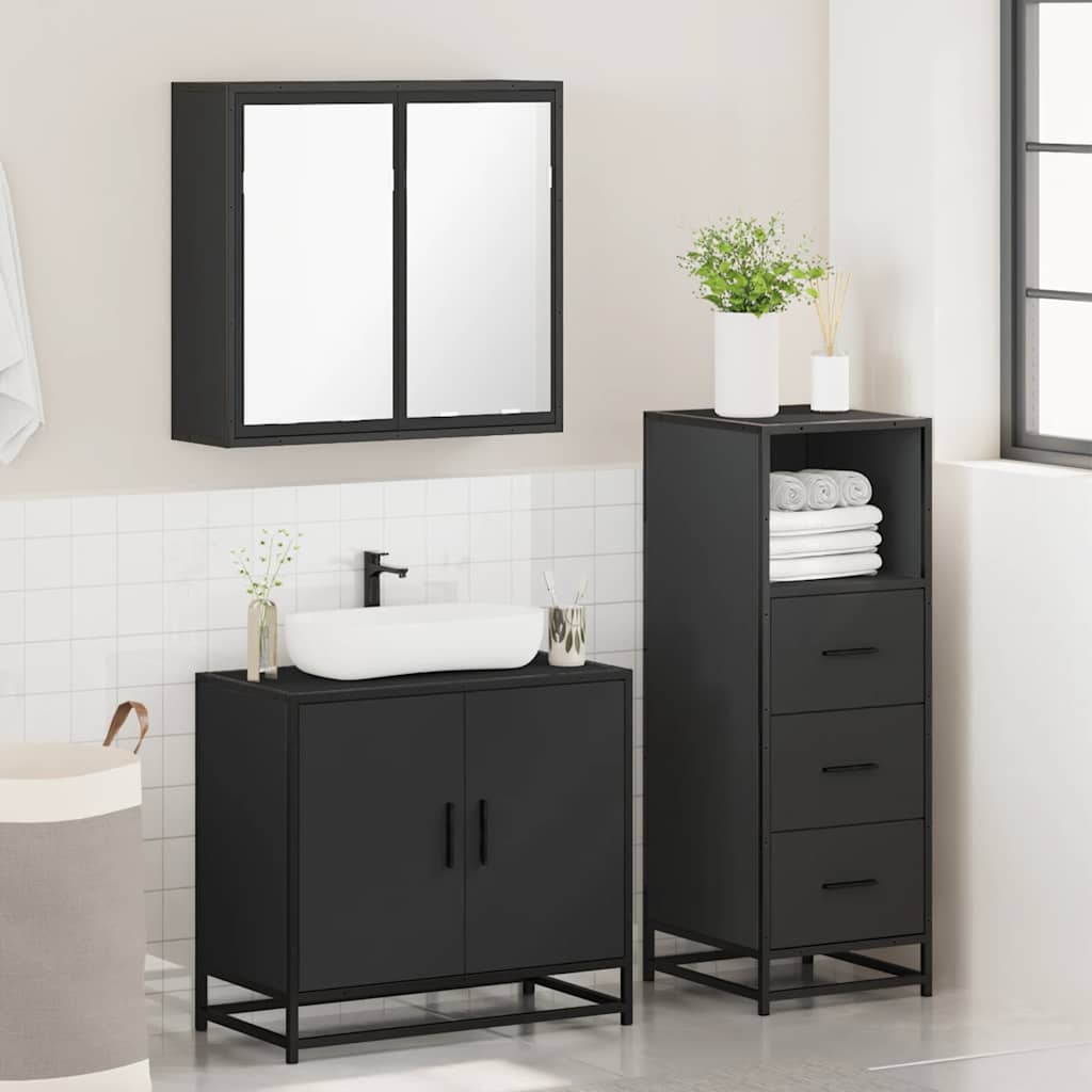 3 Piece Bathroom Furniture Set Black Engineered Wood