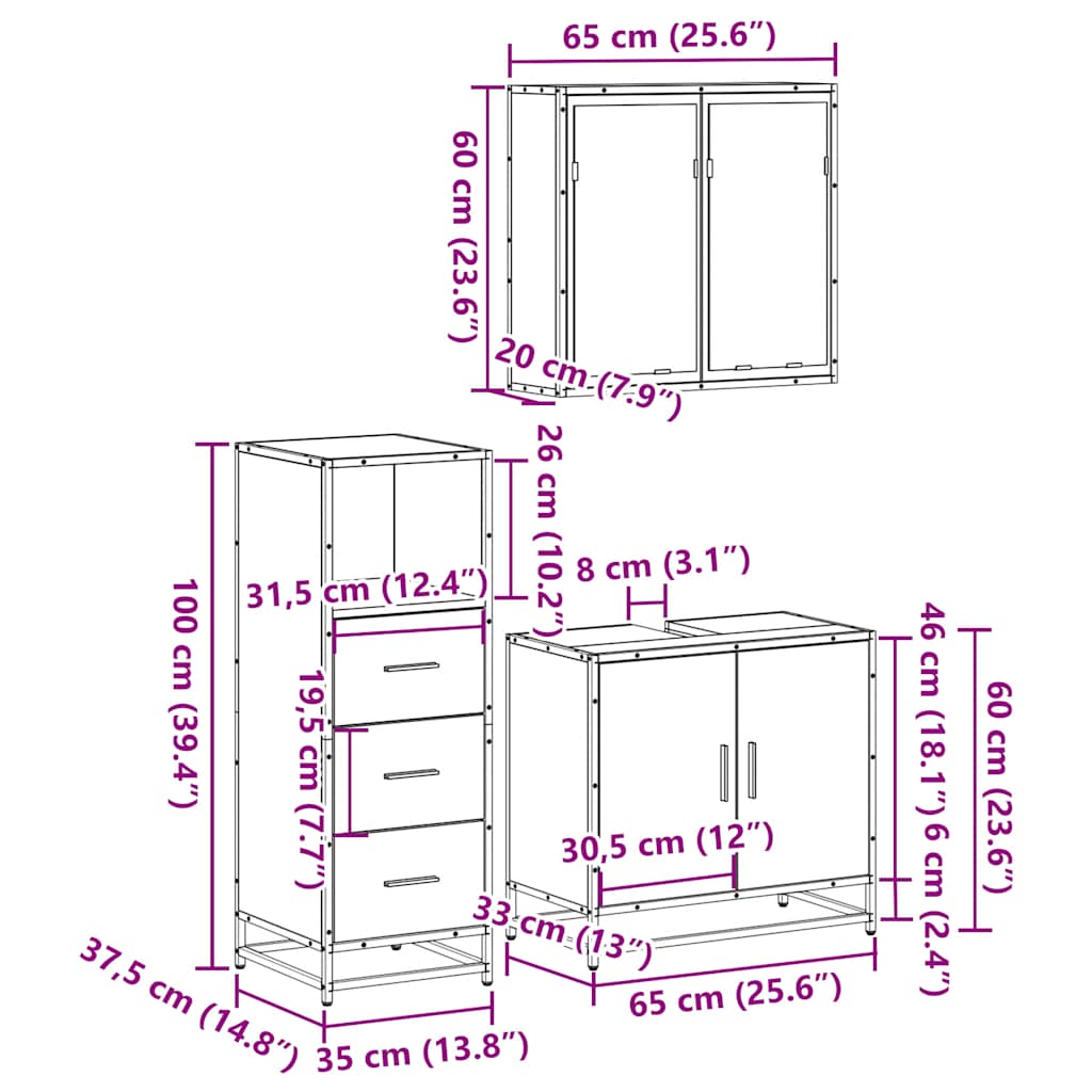 3 Piece Bathroom Furniture Set Grey Sonoma Engineered Wood