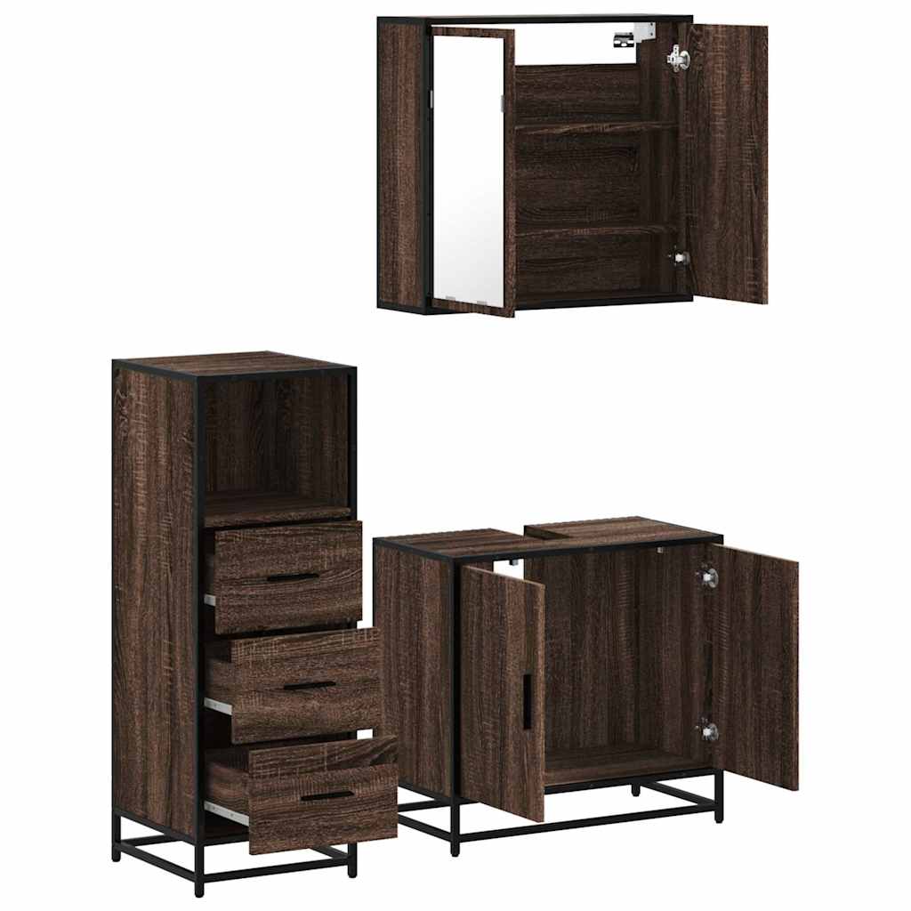 3 Piece Bathroom Furniture Set Brown Oak Engineered Wood