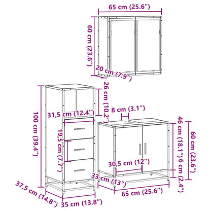 3 Piece Bathroom Furniture Set Brown Oak Engineered Wood