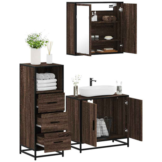 3 Piece Bathroom Furniture Set Brown Oak Engineered Wood