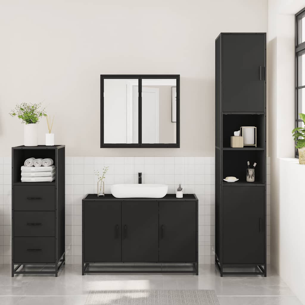 3 Piece Bathroom Furniture Set Black Engineered Wood