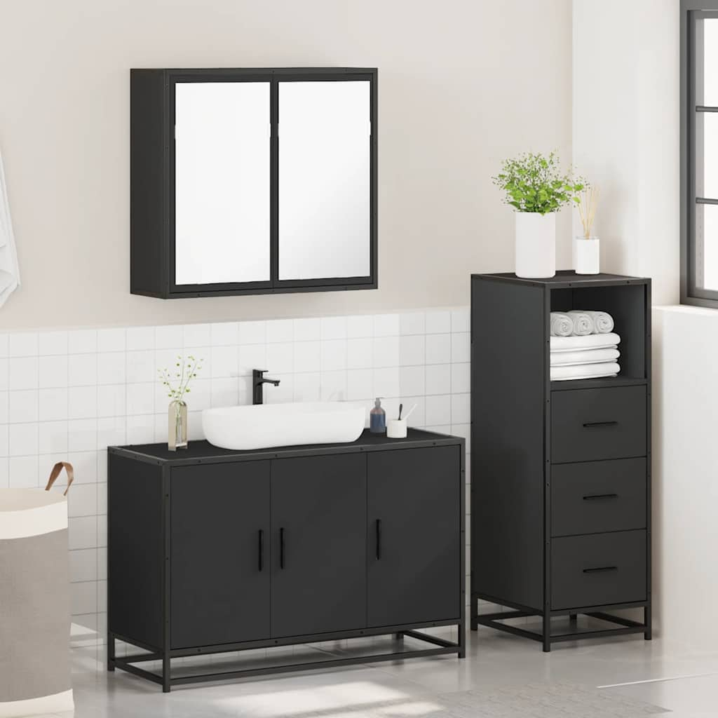 3 Piece Bathroom Furniture Set Black Engineered Wood