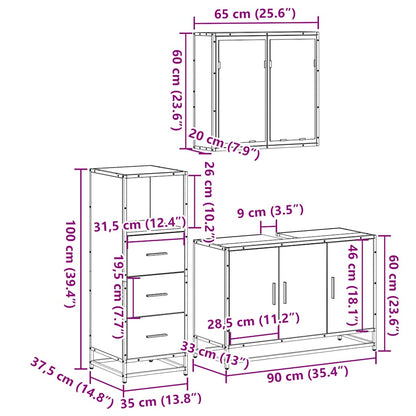 3 Piece Bathroom Furniture Set Brown Oak Engineered Wood